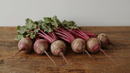 Natural Untreated Red Beets Laid Out on Wooden Background