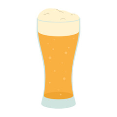Tall glass of golden beer with a frothy white head. Flat vector isolated illustration