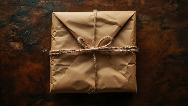 A brown paper package tied with string sits on a dark textured surface