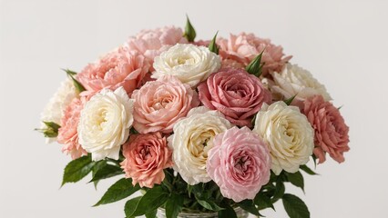Colorful roses and carnations bouquet displayed against a light surface