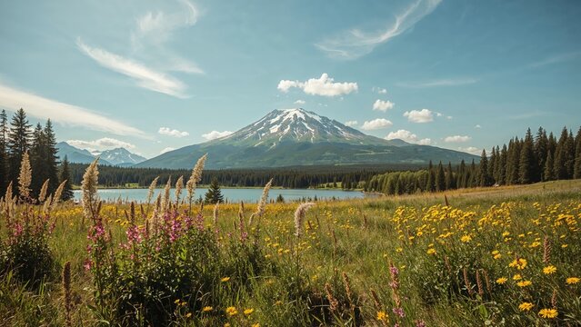 Expansive view of a field, lake, trees, colorful flowers, and a grand mountain, illustrating the charm of wild nature