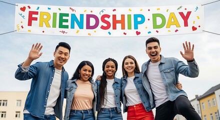 Group of friends waving under a friendship day banner with colorful confetti and a bright sky above them
