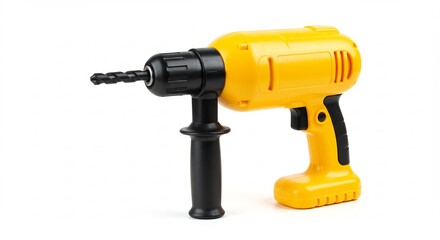 Gelbe Bohrmaschine leuchtet hell strahlend auf weissem Hintergrund. AI Generated