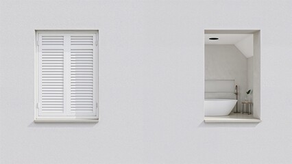 Design idea of building exterior with plaster walls and white window shutters, combined with a sleek modern bathroom featuring a bathtub, all set against a simple background with space for text