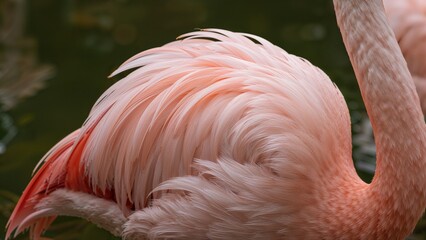 Zoomed image capturing the delicate feather patterns of a pink flamingo