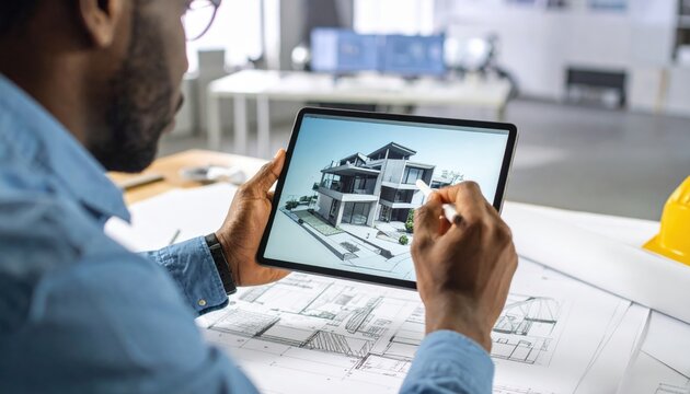 Man Reviewing Digital House Design On Tablet - Powered by Adobe