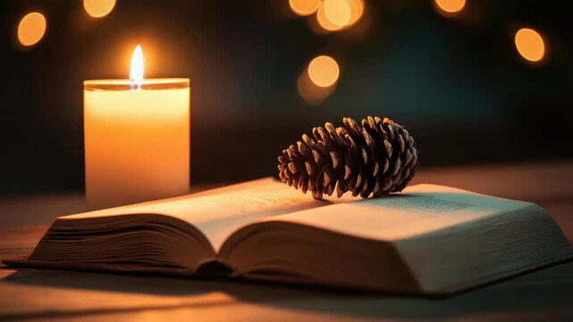 Open book with pinecone and candlelight, bokeh background