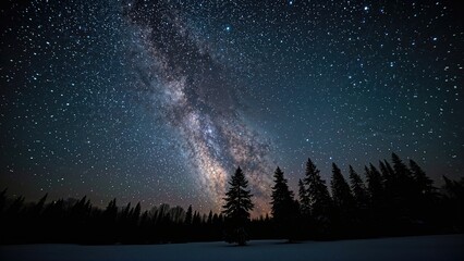 Naklejka premium Snowy winter night sky photo highlighting the Milky Way, starry constellations including Orion, Sirius, and silhouetted trees against light pollution