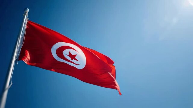 The vibrant red flag of Tunisia flutters gracefully in the wind against a backdrop of clear blue skies filled with sunlight.