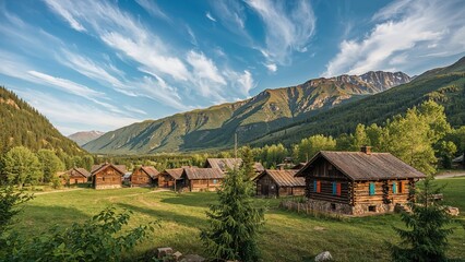 A vintage village situated in a picturesque valley landscape in springtime