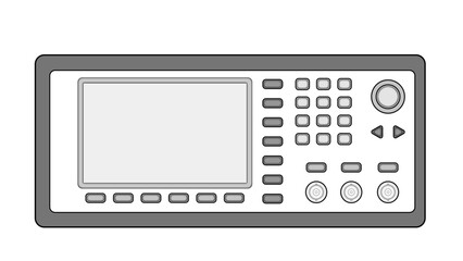 Line drawing showing a function generator with a screen, control buttons, and BNC connections