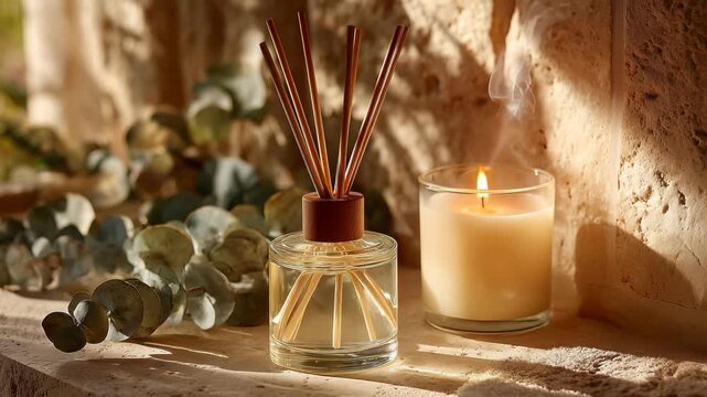 A reed diffuser and a burning candle create a relaxing atmosphere, a spa and wellness scene with eucalyptus leaves.