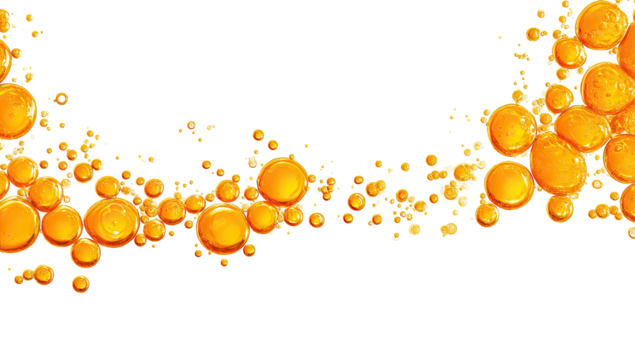 Abstract graphic of many orange spheres, flowing and clustered, on a black background