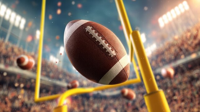 The football soaring towards the goalpost in a lively stadium atmosphere.