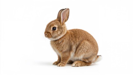 Fototapeta premium Sweet and healthy brown bunny standing tall on a white background, featuring its bright eyes and fluffy coat.