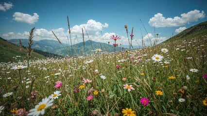 Vibrant summer mountain grasslands covered with a variety of blossoms
