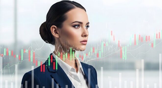 Focused Businesswoman Analyzing Stock Market Data and Investment Trends. Professional Female Executive Monitoring Financial Performance, Strategic Growth, and Future Success with Digital Charts
