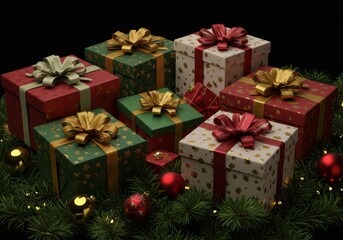 Obraz premium Festive christmas gifts wrapped in colorful paper with ribbons and bows on a dark background