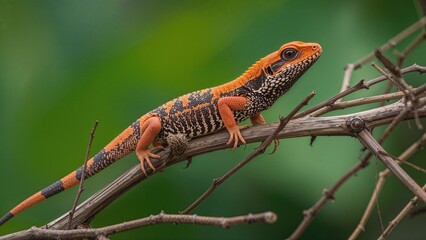 Naklejka premium Perched on dry sticks, a strikingly colored garden lizard shows off its vibrant orange and black pattern with a muted green background behind.