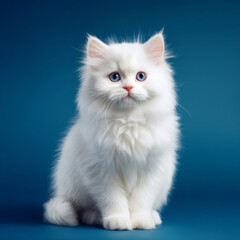 Adorable fluffy white kitten with striking blue eyes sits on teal background