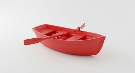 Rotes Spielzeugboot ruht sanft auf weiss Sonnenlicht betont Form Farbe. AI Generated