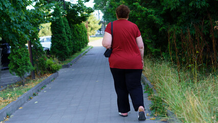 Fototapeta premium Person walking along a tree-lined sidewalk on a sunny day in a suburban area
