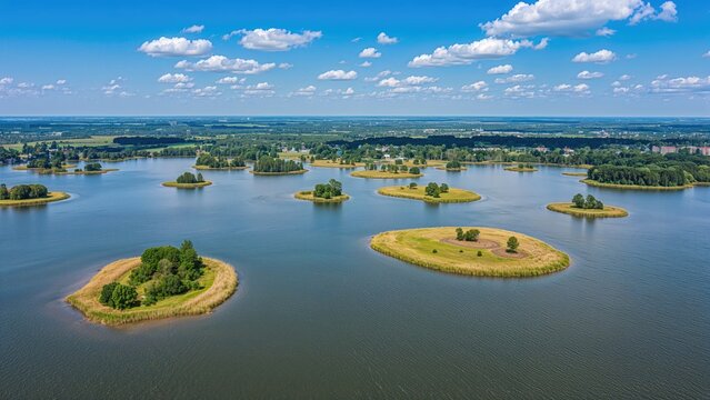 Aerial image showcasing a cluster of small islands in a recreational lake region known for its natural beauty in a Northern European country.