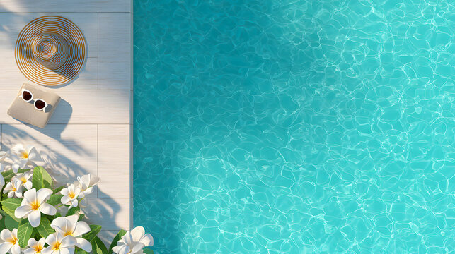 Relaxing poolside scene with hat, sunglasses, and flowers.