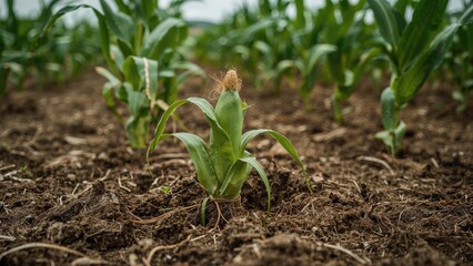 Self-seeded corn emerging from a harvested ear