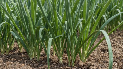 Obraz premium Emerging green garlic shoots
