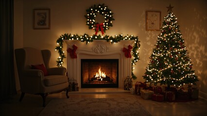 Fototapeta premium Holiday-themed room decorated with a Christmas tree, armchair, and lit fireplace, showcasing a cozy and inviting home setting. Empty scene with soft focus for festive backdrop.