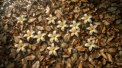 Yellow and White Plumeria Flowers Scattered on Ground with Gentle Light and Leaf Litter