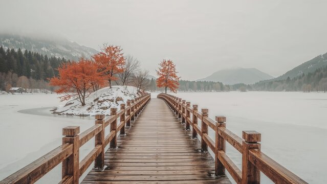 Wooden bridge extending over a frozen mountain lake