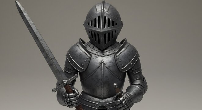 Ritterfigur steht stark neutralem Licht voll bewaffnet. AI Generated