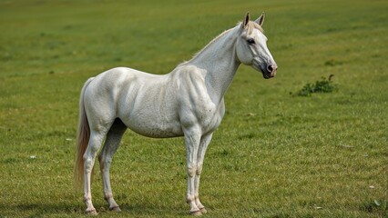 Obraz premium White horse standing in a green paddock under clear blue sky during sunny summer day with lush grass all around