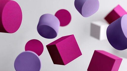 Collection of pink and purple shapes are floating in the air. The shapes are of various sizes and are scattered throughout the image. Scene is playful and whimsical