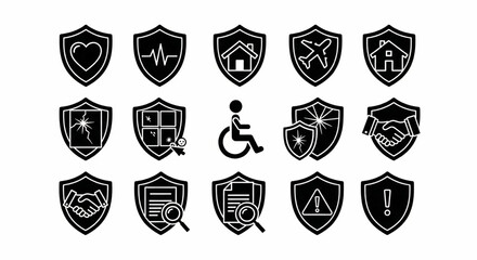 Insurance and Protection Line Icon Set – Health, Home, Travel, Disability, Property, Business, Claim, Risk Assessment Vector Illustration

