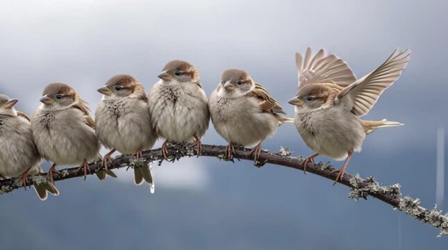 Sparrows perch tightly on a twig branch, some raindrops falling off it