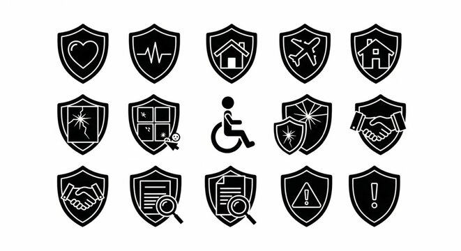 Insurance and Protection Line Icon Set – Health, Home, Travel, Disability, Property, Business, Claim, Risk Assessment Vector Illustration

