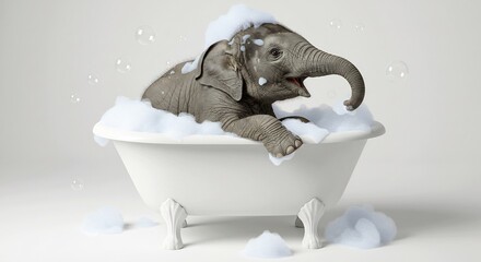 Suesser Elefantenbaby badet lustig im Schaum weisses Licht. AI Generated