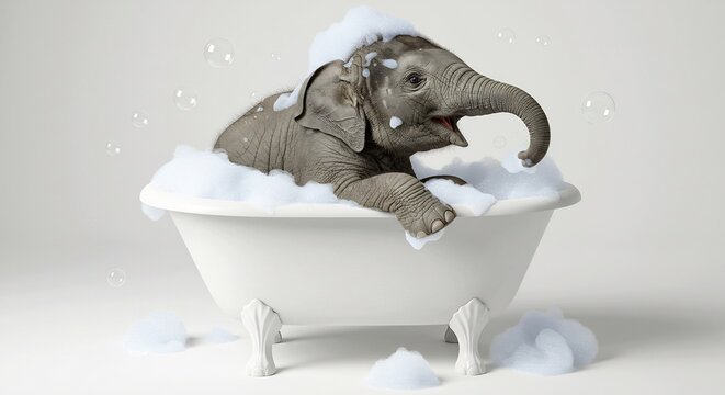 Suesser Elefantenbaby badet lustig im Schaum weisses Licht. AI Generated