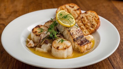 An exquisite dish of seafood including fresh fish and scallops, garnished with lemon and served with grilled bread, crafted for a sophisticated meal.