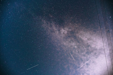 Milky Way Sky with Meteor Trails and Power Lines