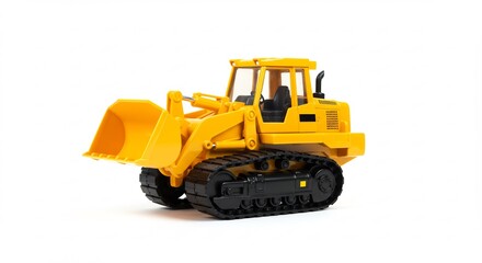 Gelber Spielzeugbulldozer strahlt hell auf weiss Hintergrund. AI Generated