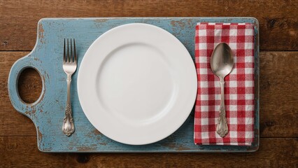 Blank white porcelain plate accompanied by vintage silver utensils set on blue wooden planks with a red checkered cloth. Vertical format with room for writing.