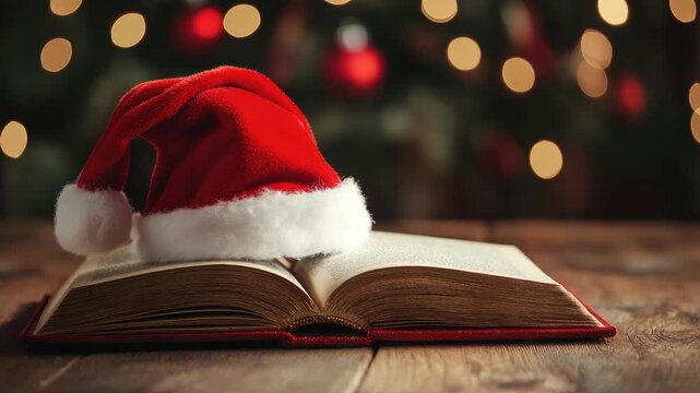 Open book with Santa hat on it, surrounded by festive lights