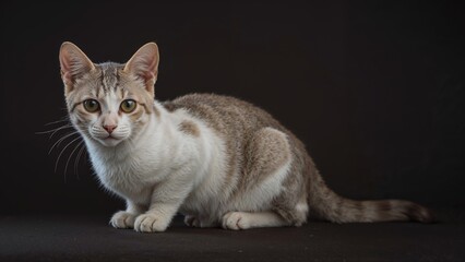 Light-colored kitten with gray markings on a black backdrop