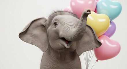 Suesser Elefant lacht freudig pastellfarbene Ballons weiches Licht. AI Generated
