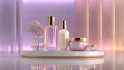 A collection of elegant cosmetic products are displayed on a modern platform with soft lighting