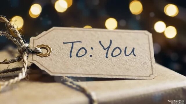 A wrapped gift with a tag that says to you and a string tied around it with bokeh lights in background